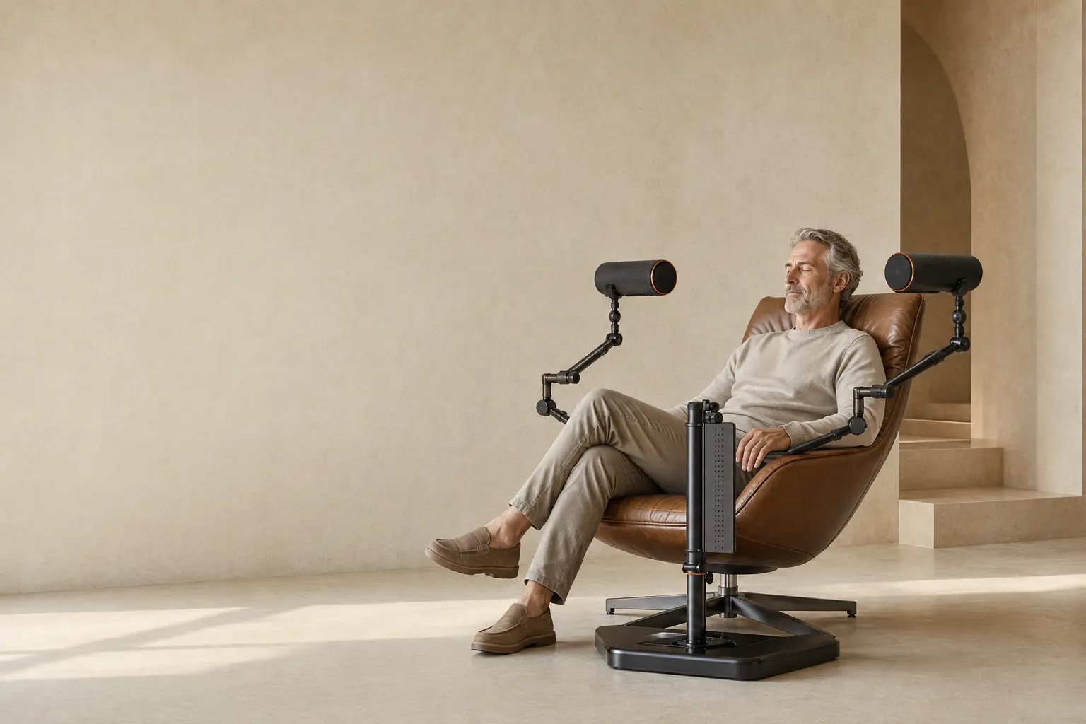 A listener using two portable speakers on KEITZO ARC S2 arms.
